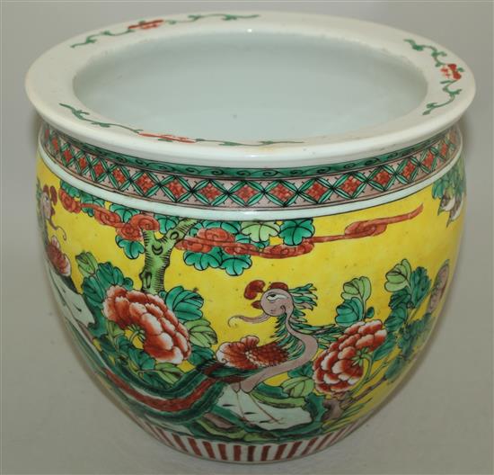 A Chinese yellow ground fish bowl, late 19th century, diameter 26cm